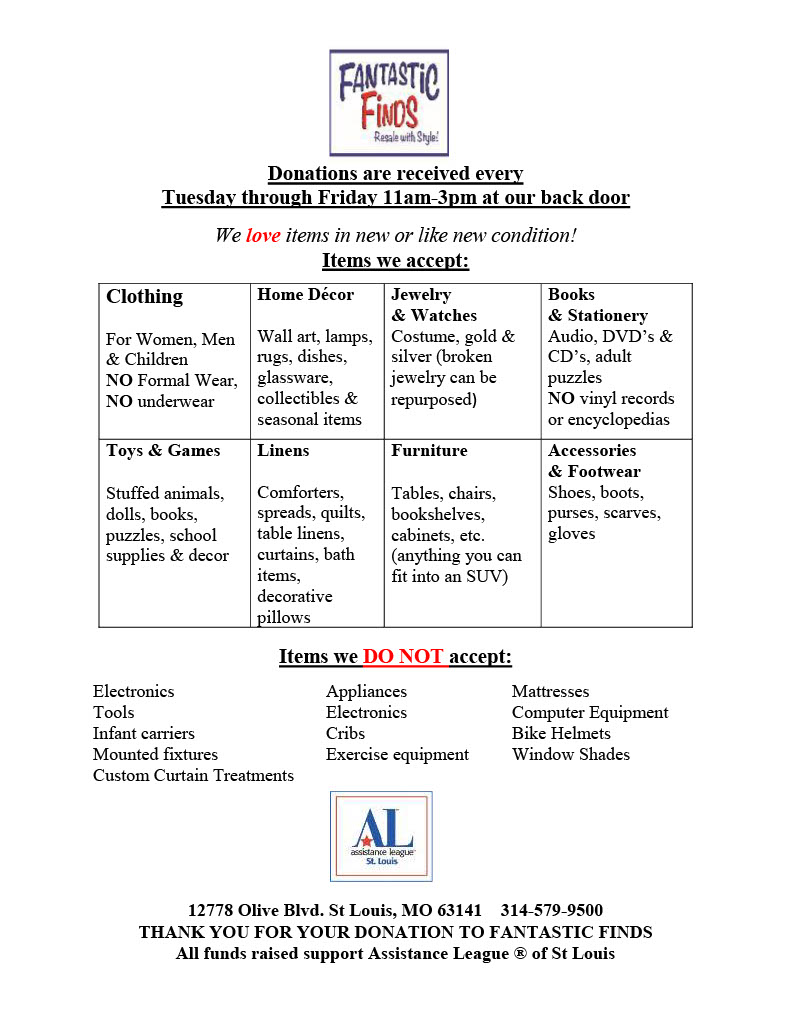Assistance League St. Louis How to Donate Items